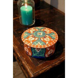 Vintage ASHIBI Ornate Turquoise And Red Porcelain Trinket Box 3.5"